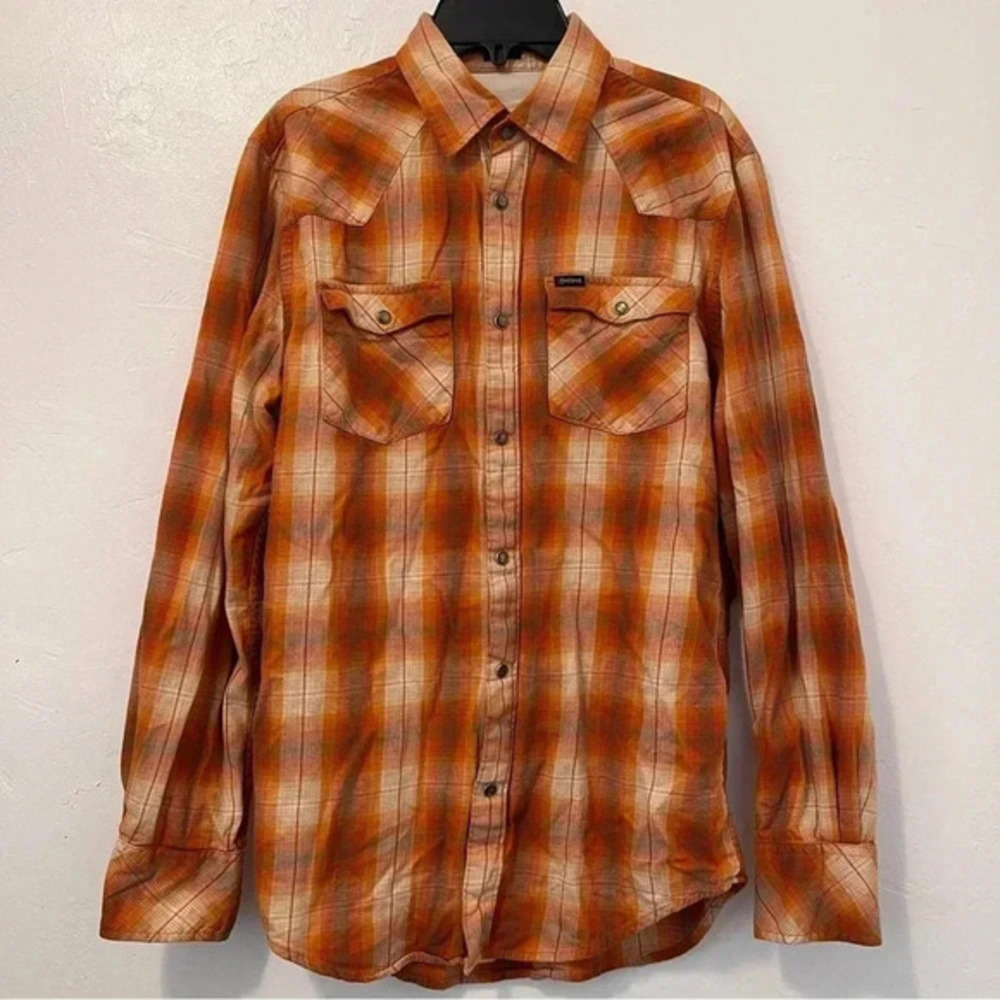 BULLHEAD Pearl‎ Snap Mens Long Sleeve Orange Plaid Shirt - Size S